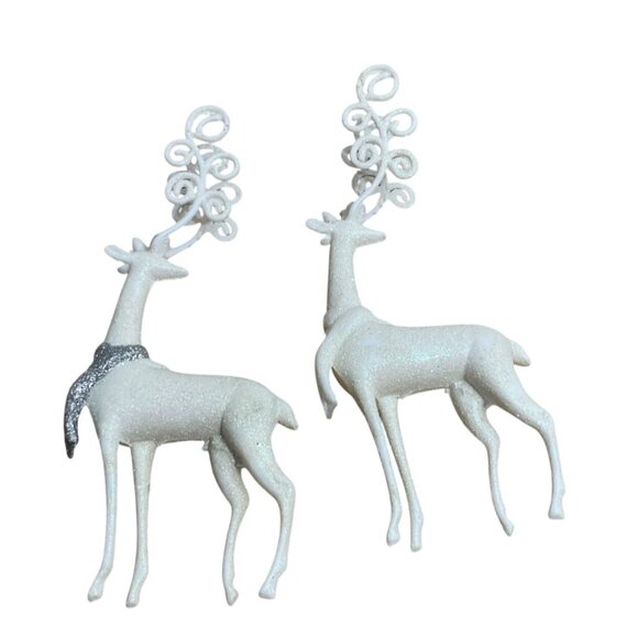Vtg White Glittered Reindeer Christmas Ornaments w Swirl Antlers Scarf Set of 2 - Picture 1 of 8